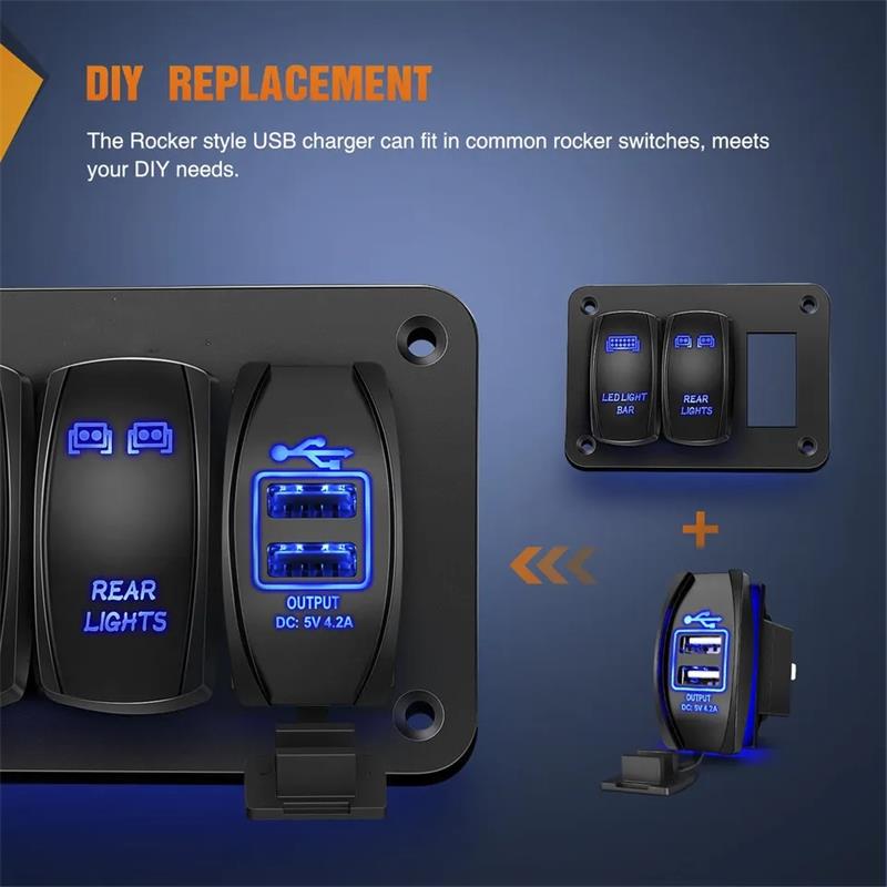 Universal Rocker Style Dual USB Car Charger Power Adapter 12-24V 4.2A Dual USB Socket Charger