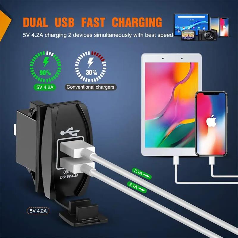 Universal Rocker Style Dual USB Car Charger Power Adapter 12-24V 4.2A Dual USB Socket Charger