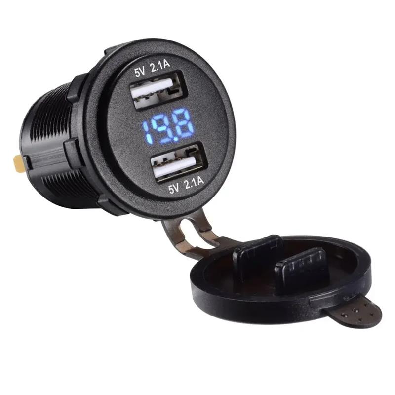 4.2A Dual USB Charger Socket Power Outlet 2.1A & 2.1A with Blue LED Digital Display Voltmeter 