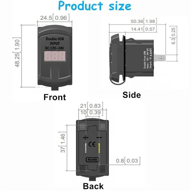 Rocker 4.8A Dual USB Fast Charger Socket with LED Voltmeter for Boats Car Truck Motorcycle