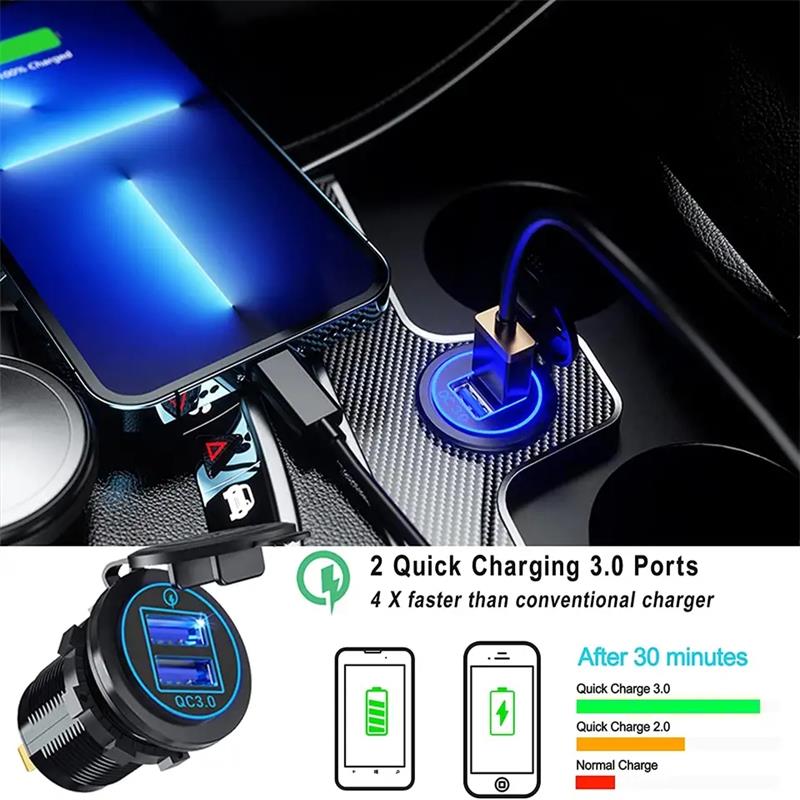 Dual QC3.0 12V USB Socket Waterproof Car Lighter USB Outlet Adapter 12V/24V Vehicles, Trucks, Carava