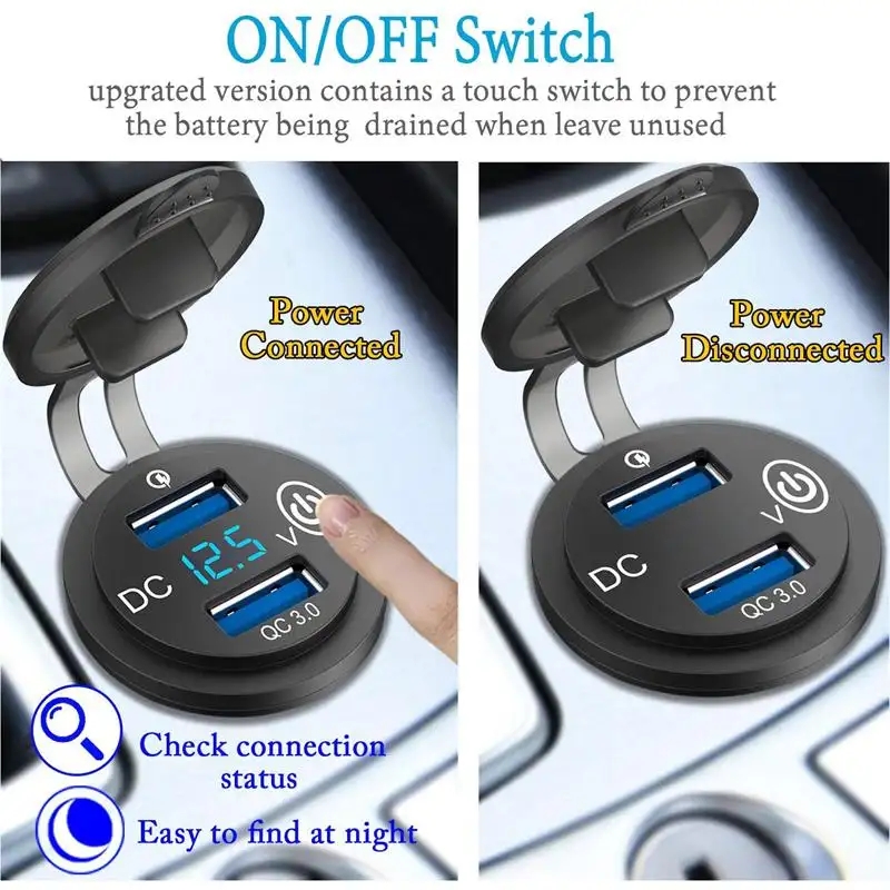 12V 24V Dual USB Charging Port Socket Twiin QC 3.0 Charger with Touch On Off Switch and Voltmeter