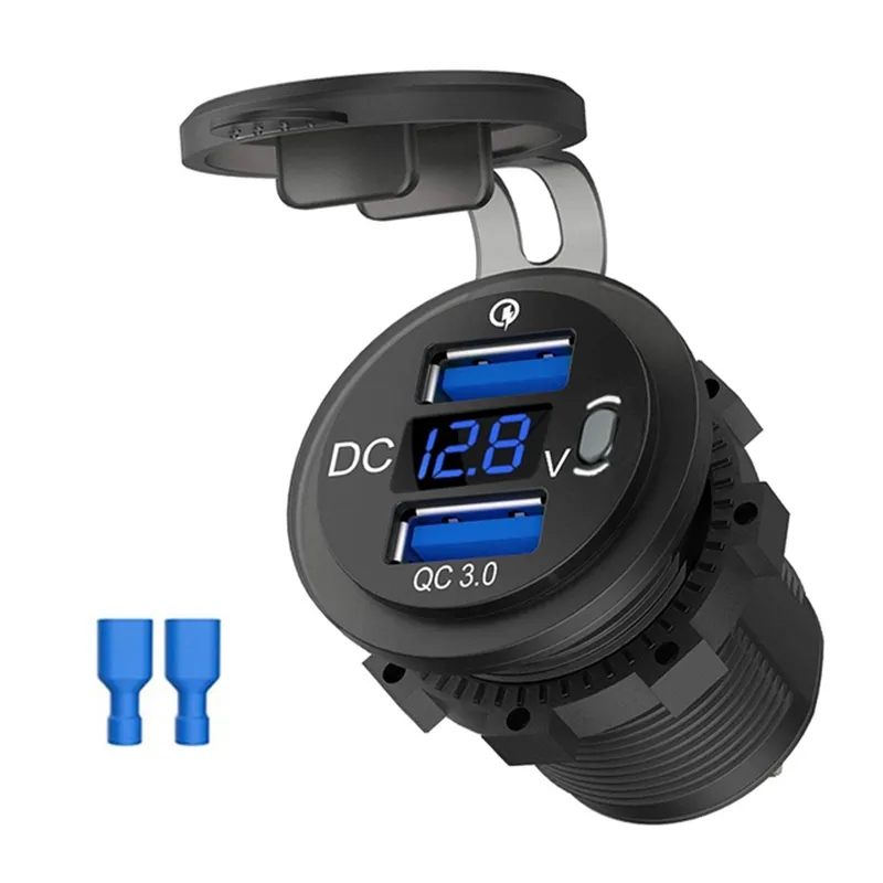 12V 24V Dual USB Charging Port Socket QC 3.0 Charger with Button On Off Switch and Voltmeter for Car