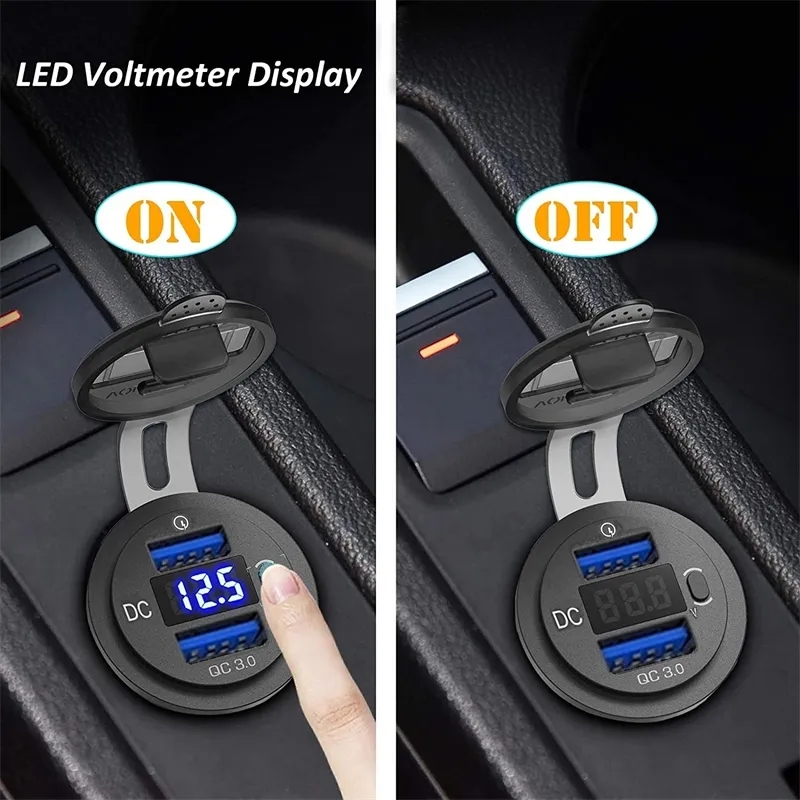 12V 24V Dual USB Charging Port Socket QC 3.0 Charger with Button On Off Switch and Voltmeter for Car