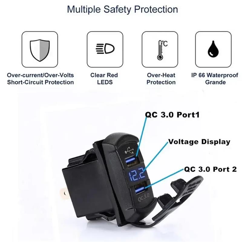 Rocker style Waterproof USB Dual QC3.0 Quick Charger Power Charging Socket Outlet Adapter for Marine