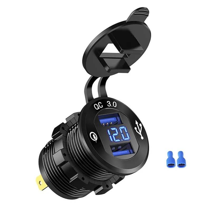 Aluminum Quick Charge 3.0 Dual USB charger Socket Fast Charger Adapter With LED Voltmeter For 12V/24