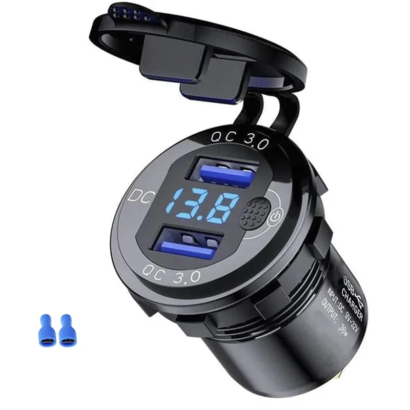 12/24V Aluminium Short Screw Metal 36W QC3.0 Dual USB Car Motor Charger Socket With Voltmeter Switch