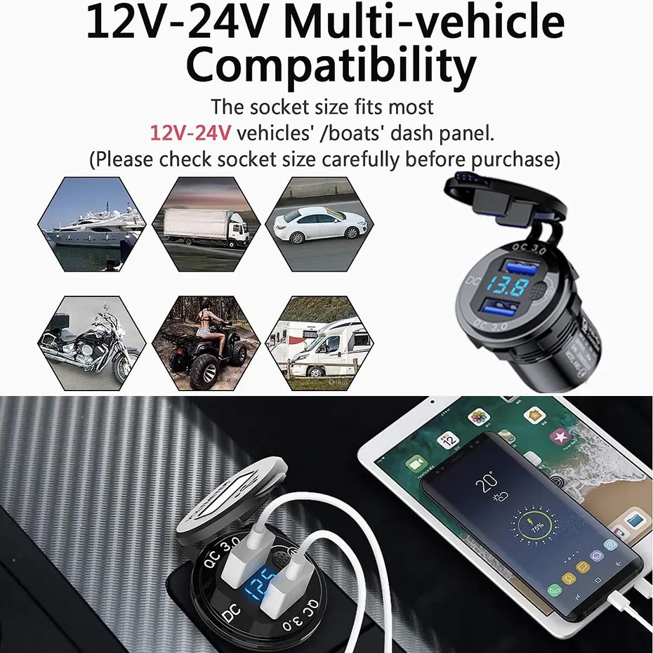 12/24V Aluminium Short Screw Metal 36W QC3.0 Dual USB Car Motor Charger Socket With Voltmeter Switch