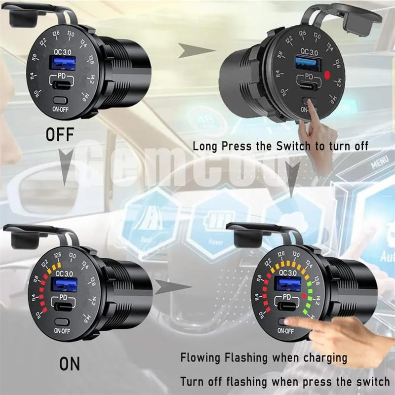 QC3.0 and PD Type C Dual USB Charger Socket With Color Voltmeter Switch Fast Charger for 12V/24V Car