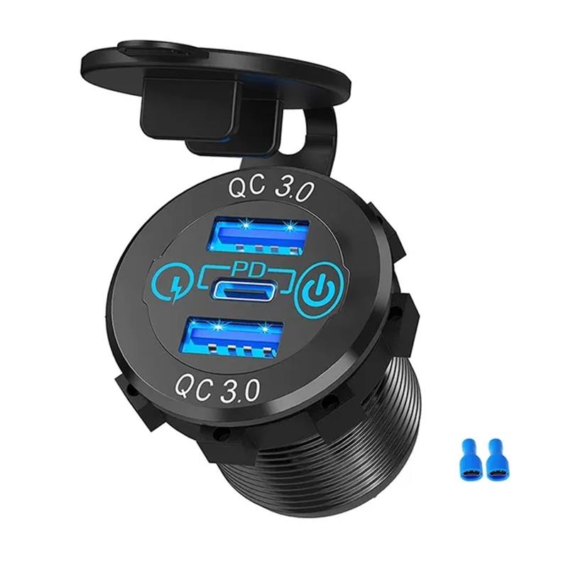 12V/24V Triple Aluminum Metal 60W USB-C Multiple Car Charger Socket PD3.0 & Two QC3.0 Ports