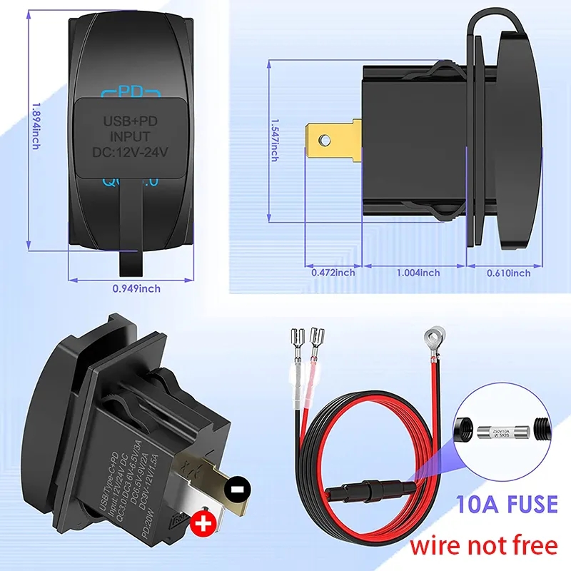 Rocker style Waterproof PD USB Type C & QC3.0 Quick Charger Power Charging Socket Outlet Adapter