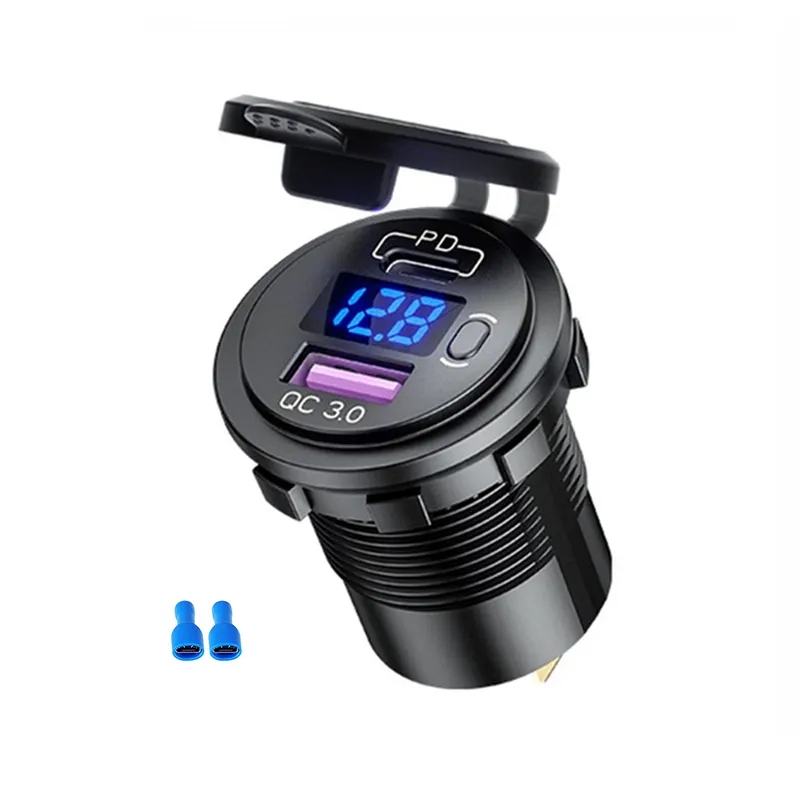 48W USB Type C Car Moto Usb Charger Socket 12V/24V Dual USB Outlet PD3.0&QC3.0 Fast Charge Socket