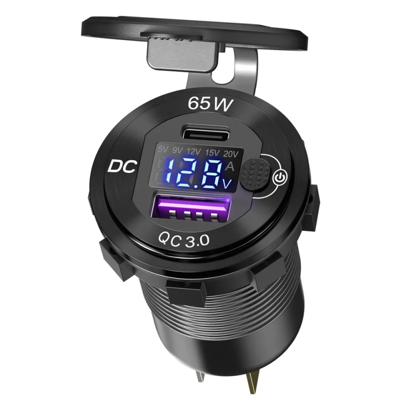 12V 24V Aluminum PD 65W for Laptop USB charger Socket and QC3.0 Multi USB Outlet with Voltmeter Amme