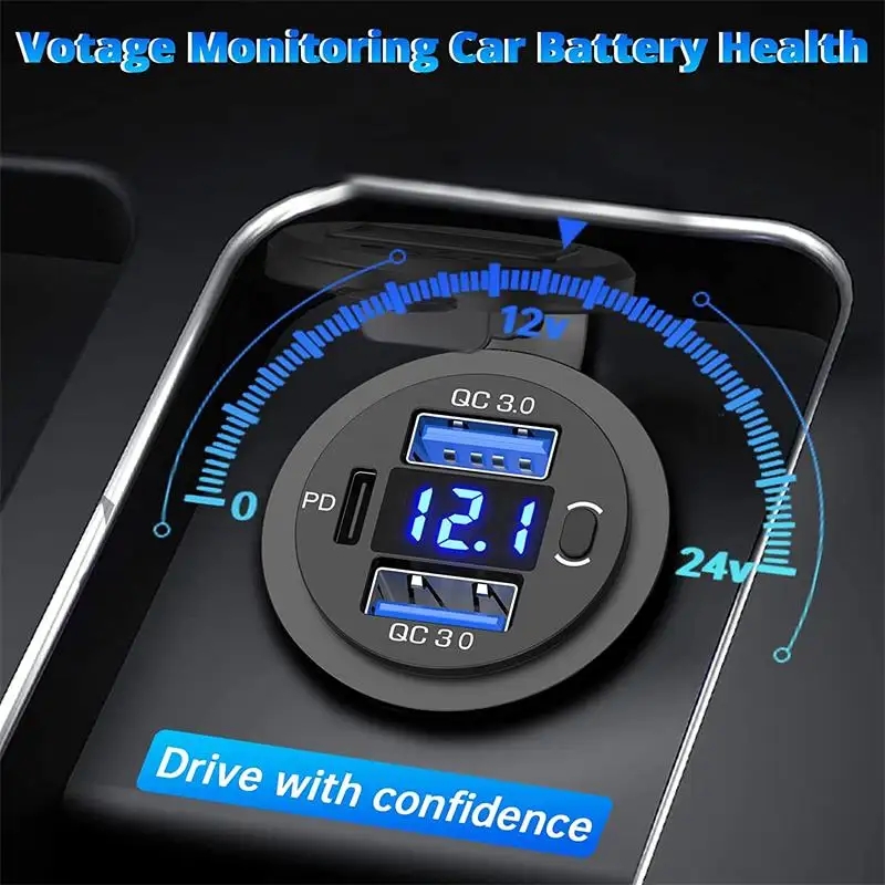 12v-24v Dual 18W Quick Charge 3.0 Port & 20W PD 12V USB C Car Charger Socket with Voltmeter