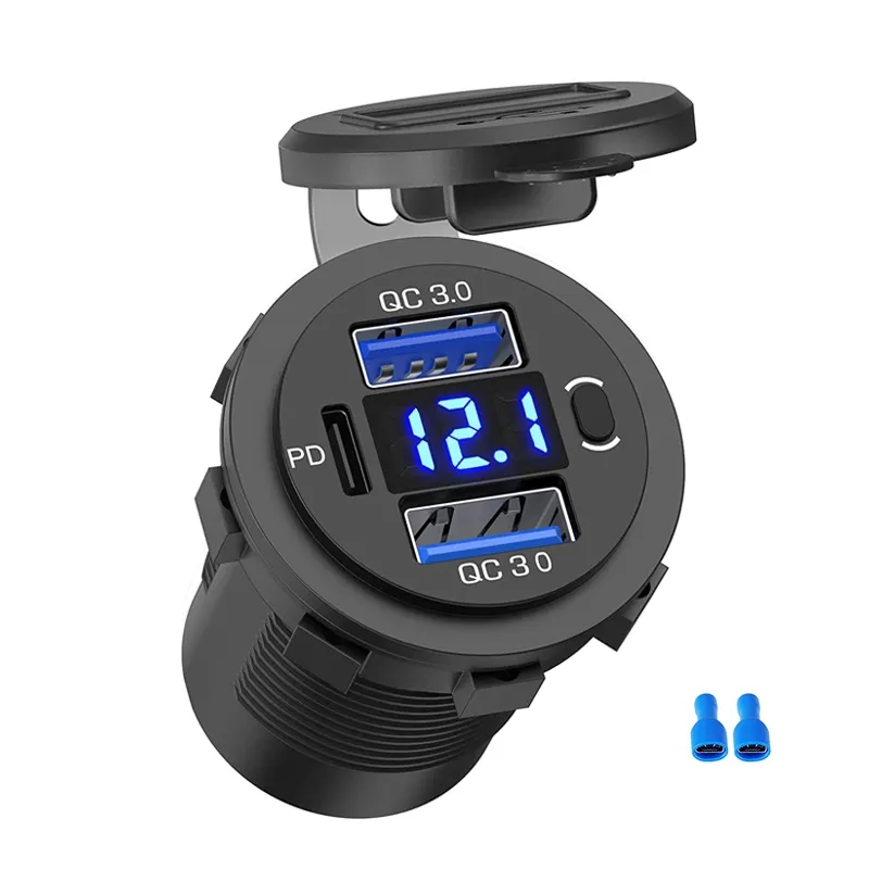 12v-24v Dual 18W Quick Charge 3.0 Port & 20W PD 12V USB C Car Charger Socket with Voltmeter