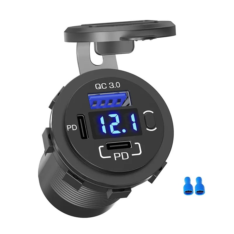 58W 12V 24V USB C Car Charger Socket Dual 12V USB-C PD 20W & 18W QC3.0 USB Car Port with Voltmeter