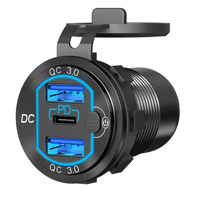 50W 12V 24V USB Outlet Quick Charge3.0 Type C 3 Port Car USB Outlet with Waterproof Aluminum Car