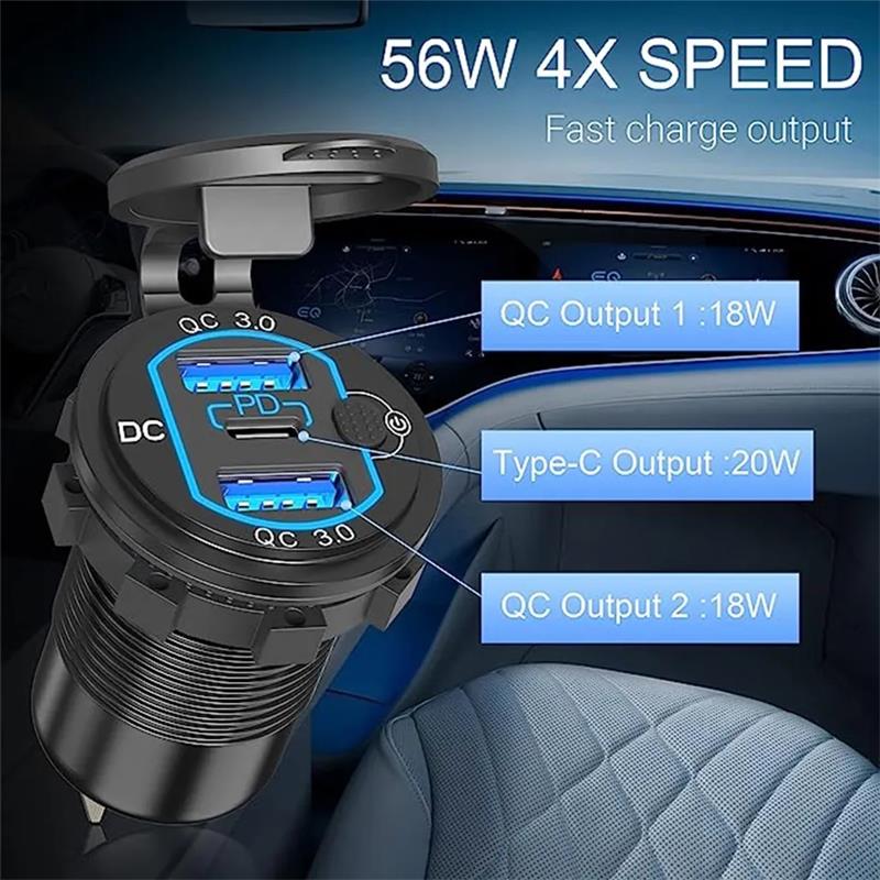 50W 12V 24V USB Outlet Quick Charge3.0 Type C 3 Port Car USB Outlet with Waterproof Aluminum Car