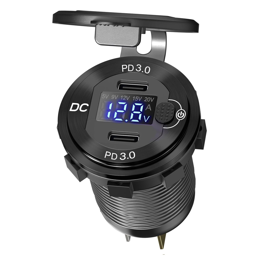 12V 24V Aluminum Dual PD USB charger SocketMulti USB Outlet with Voltmeter Amme