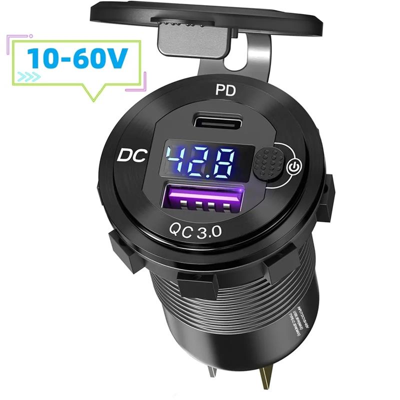 10-60V Golf cart USB Charger socket Quick Charge Aluminum Type C QC3.0 Adapter Button Switch LED