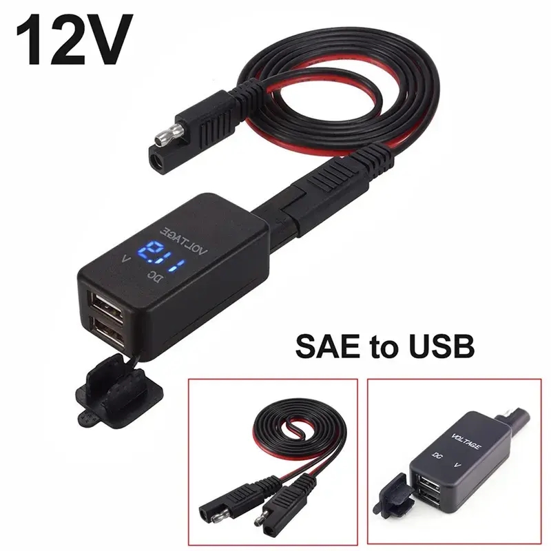 12V Motorcycle SAE To USB Dual Port 4.8A Cable Adapter Phone Charger With LED Voltmeter