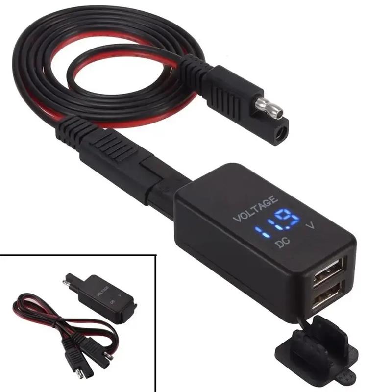 12V Motorcycle SAE To USB Dual Port 4.8A Cable Adapter Phone Charger With LED Voltmeter