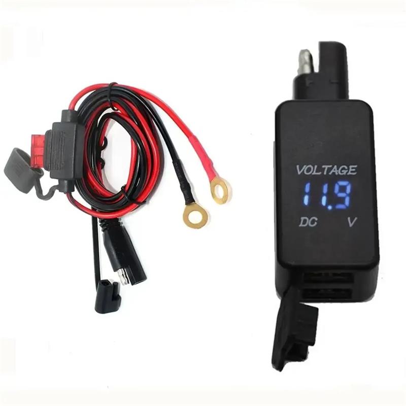 12V Motorcycle SAE To USB Dual Port Q3.0 Cable Adapter Phone Charger With LED Voltmeter