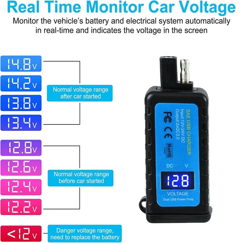 12V Motorcycle SAE To USB Dual Port QC3.0 Cable Adapter Phone Charger With LED Voltmeter and switch 