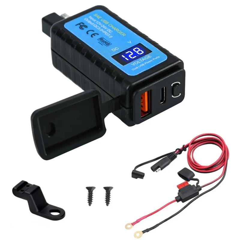 12V Motorcycle SAE To USB Dual Port PD+QC3.0 Cable Adapter Phone Charger With LED Voltmeter