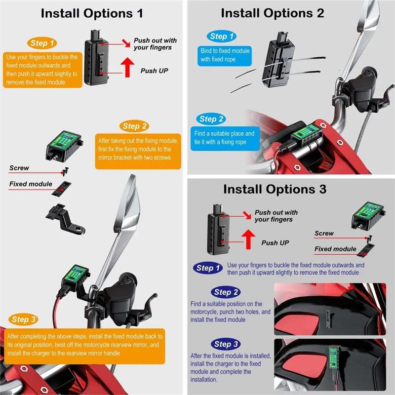 12V Motorcycle SAE To USB Dual Port PD+QC3.0 Cable Adapter Phone Charger With LED Voltmeter