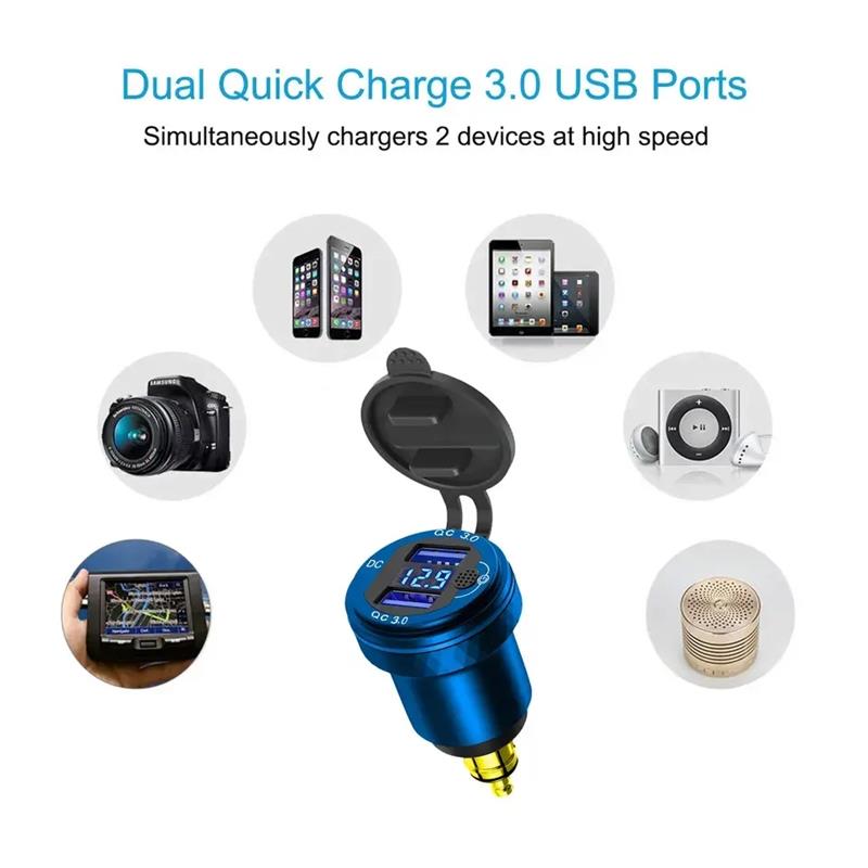 12v Quick Charge 3.0 Dual USB Charger Socket Waterproof Aluminum Fast Charge with LED Voltmeter