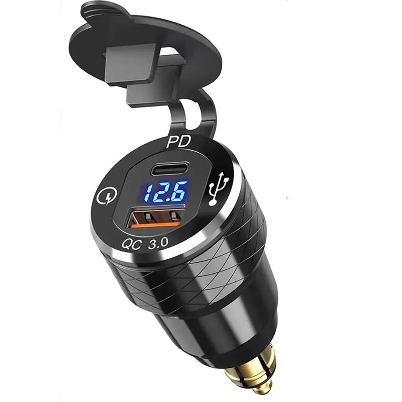 Motorcycle Dual USB Charger QC 3.0 +PD with LED Voltmeter 12V-24V