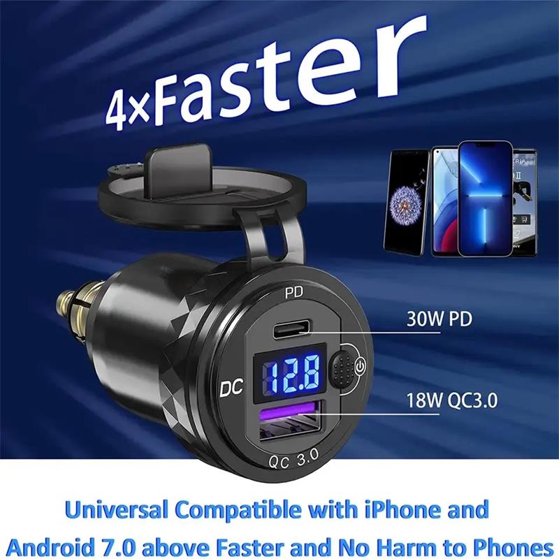 waterproof aluminium motorcycle din QC3.0 USB -A + PD USB-C charger with LED voltmeter and button