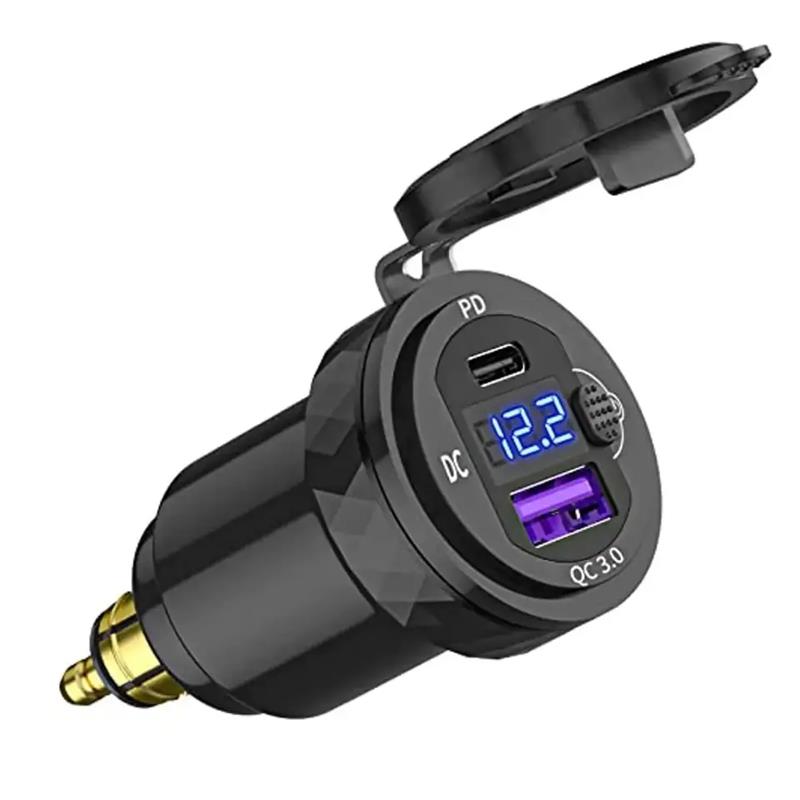 waterproof aluminium motorcycle din QC3.0 USB -A + PD USB-C charger with LED voltmeter and button