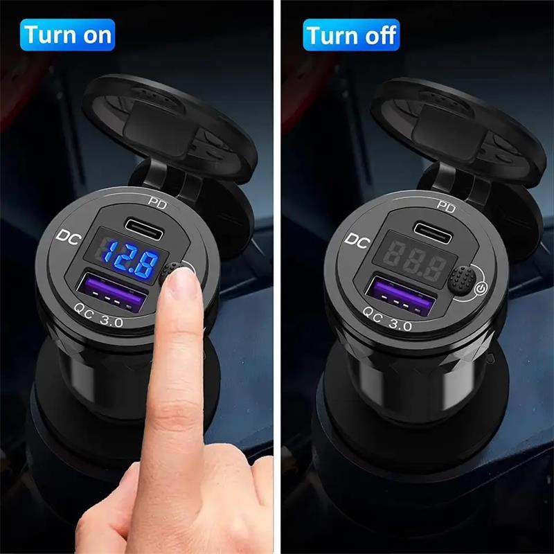 waterproof aluminium motorcycle din QC3.0 USB -A + PD USB-C charger with LED voltmeter and button