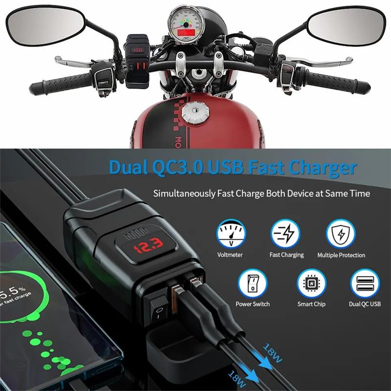 Quick shipping 12V Motorcycle SAE To USB Dual Port QC3.0 Power Adapter Phone Charger WithVoltmer