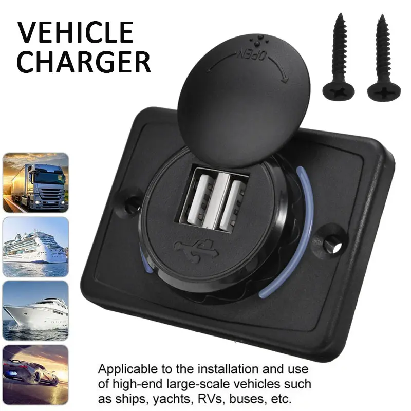 DC 12/24V Waterproof Cover And Panel Mount Dual USB Sockets With Color LED Lamp For Bus Mini Car