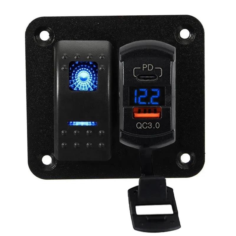 1 Gang Rocker Switch Panel with QC3.0 +PD USB C Charger with Voltmeter Waterproof 12V-24V for Cars