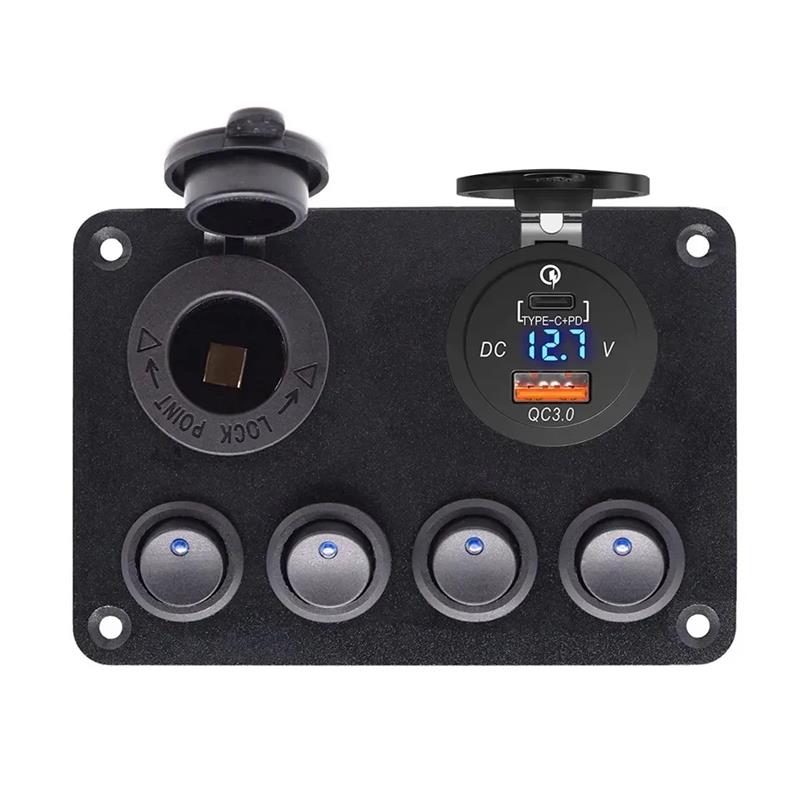 4 Gang Switch Panel For Car Boat Yacht Waterproof Voltmeter