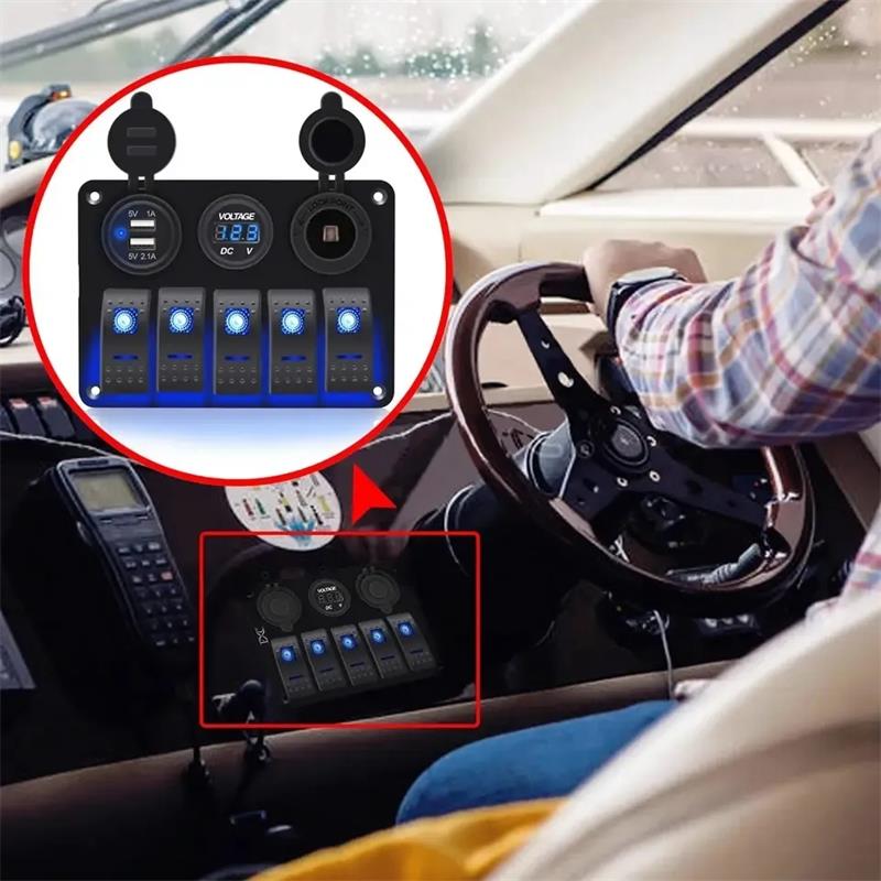 Marine Boat Aluminium 5 gang rocker switch panel with 3.1A USB + 12v power socket +Volt Meter Blue