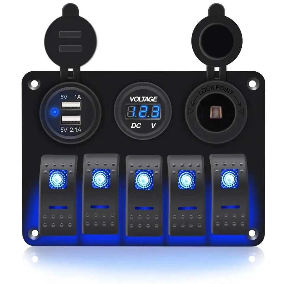 Marine Boat Aluminium 5 gang rocker switch panel with 3.1A USB + 12v power socket +Volt Meter Blue