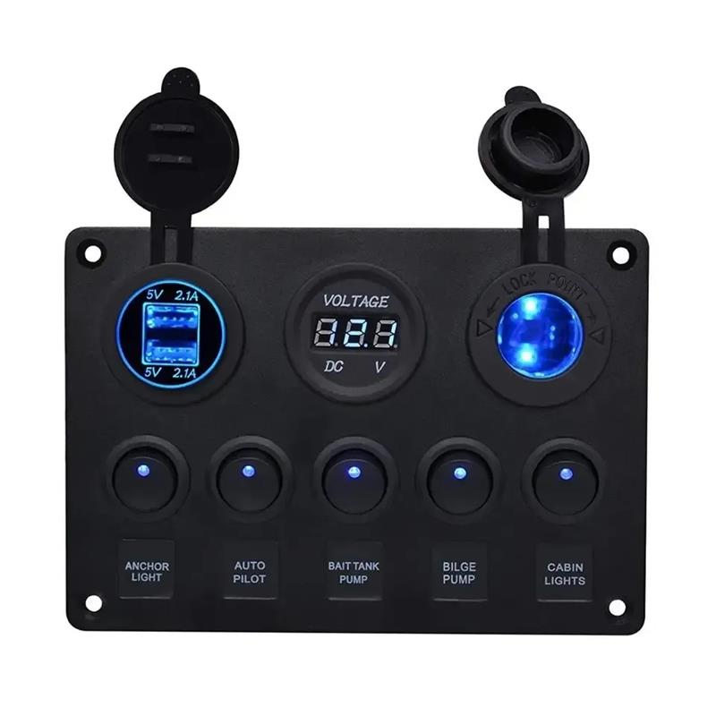 5 Gang Rocker Switch Panel with 4.2A Dual USB Socket 12v