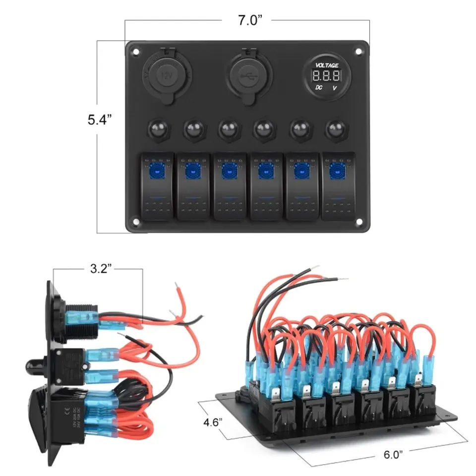 6 Gang Rocker Switch Panel Waterproof Digital Voltmeter Dual USB Ports 12V Outlet LED