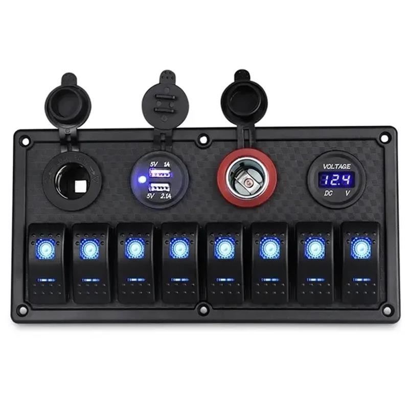 8 Gang Rocker Switch Panel Voltmeter USB Socket Charger