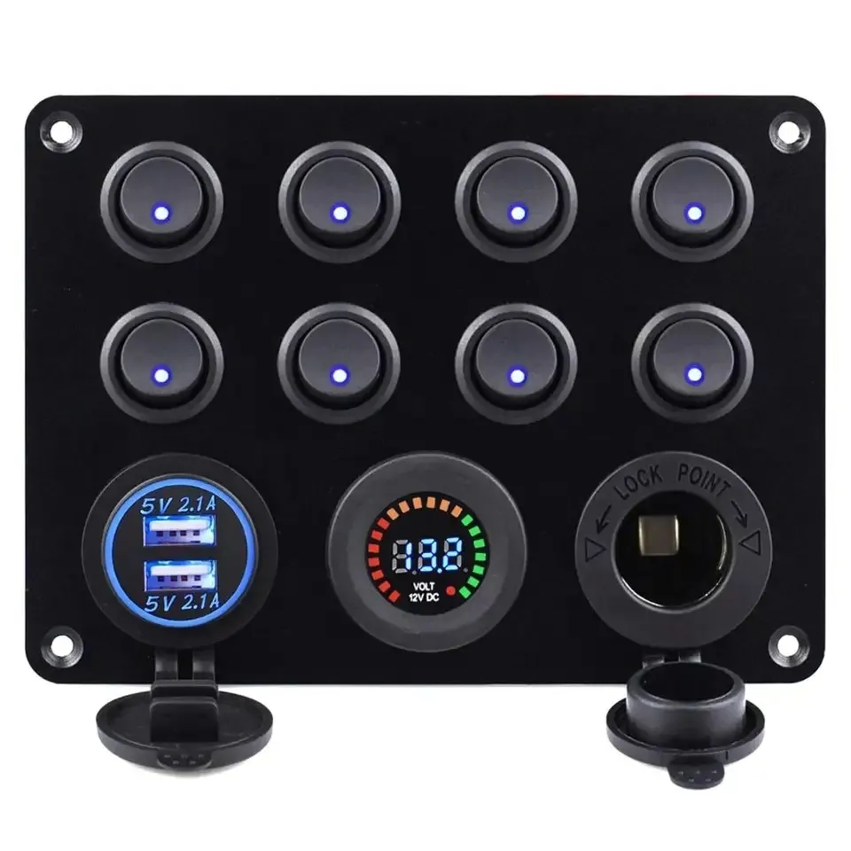 8 Gang ON-Off Toggle Switch Panel with 4.2A USB charger power socket voltmeter for Car Marine Boat